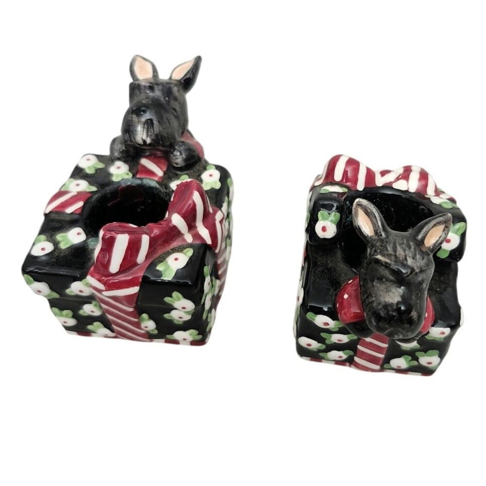 Vtg Mary Engelbreit Christmas Gift Candle Holders Scottish Terrier Dog Scottie